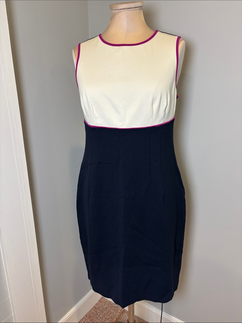 Classic Ann Taylor Sheath Dress Colorblock Navy White with Hot Pink Accents SZ4